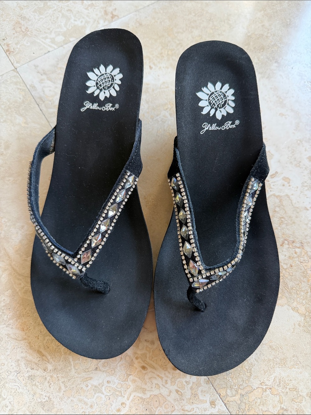 Yellow Box Black Jeweled Thong Sandals